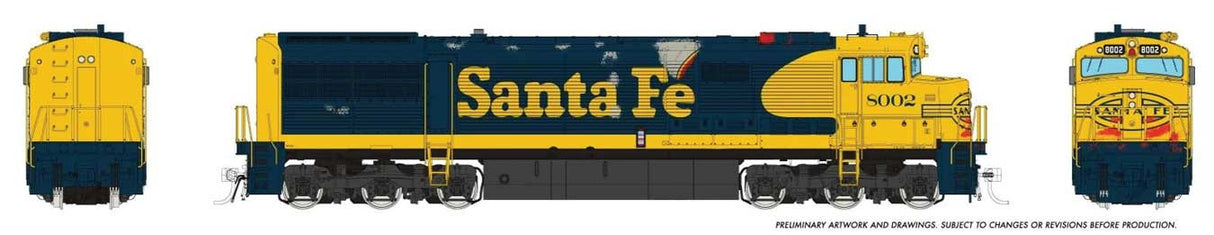 Rapido Trains 55016 GE U30CG No Steam Generator - Standard DC -- Santa Fe #8002 (Weathered, Warbonnet, blue, yellow, Large Logo)
