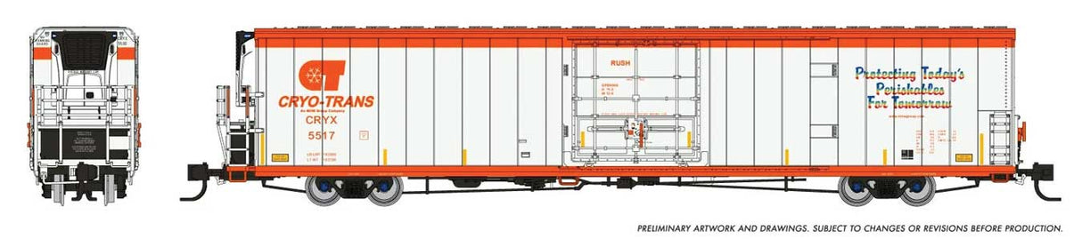 Rapido Trains N Greenbrier 7780 Cubic Foot Reefer - Ready to Run -- Cryo-Trans #5517 Rush (white, orange)