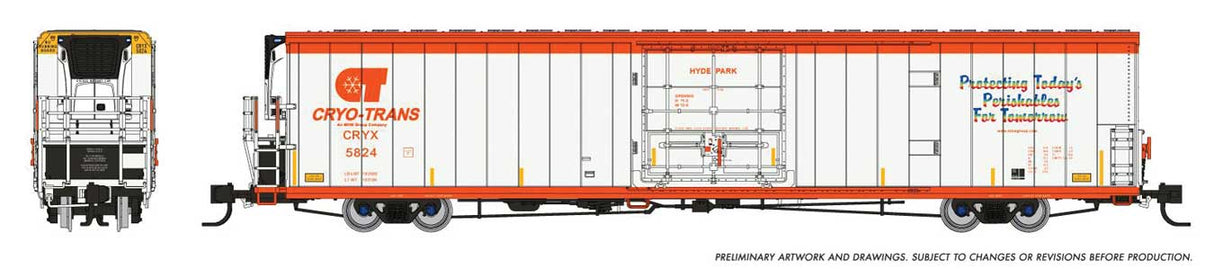 Rapido Trains N Greenbrier 7780 Cubic Foot Reefer - Ready to Run -- Cryo-Trans #5945 Spuds (white, orange)