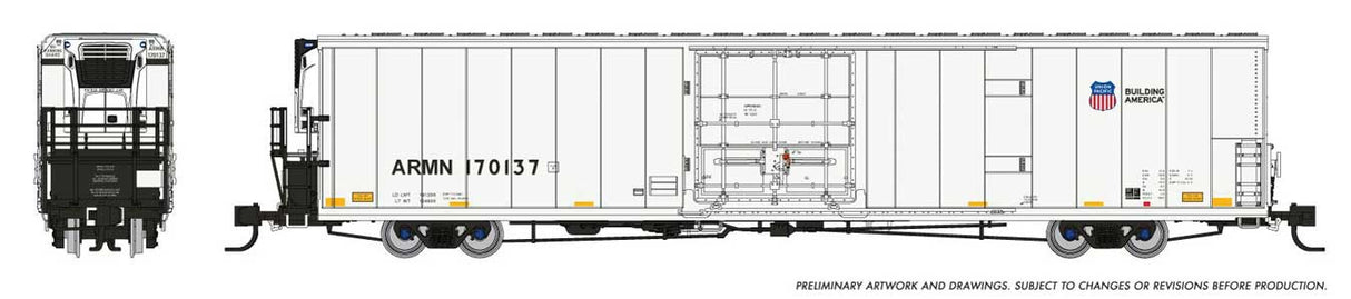Rapido Trains N Greenbrier 7780 Cubic Foot Reefer 6-Pack - Ready to Run -- Union Pacific Set #1 (white, yellow, Building America Logo)