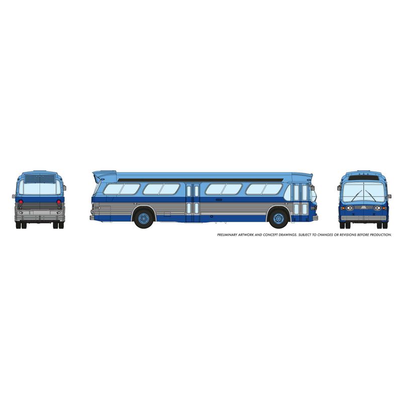 Rapido Trains 1959-1986 GM New Look-Fishbowl Bus with Working Headlights - Assembled -- New York (blue, siver) - RPI573005