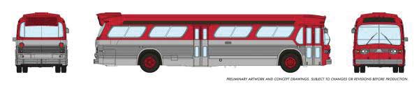 Rapido Trains 1959-1986 GM New Look-Fishbowl Bus with Working Headlights - Assembled -- Red, Silver - RPI573097