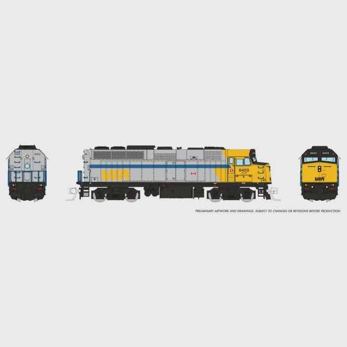 Rapido Trains N GMD F40PH-2D - Sound and DCC -- VIA Rail Canada #6403 (Original Scheme, gray, blue, yellow)