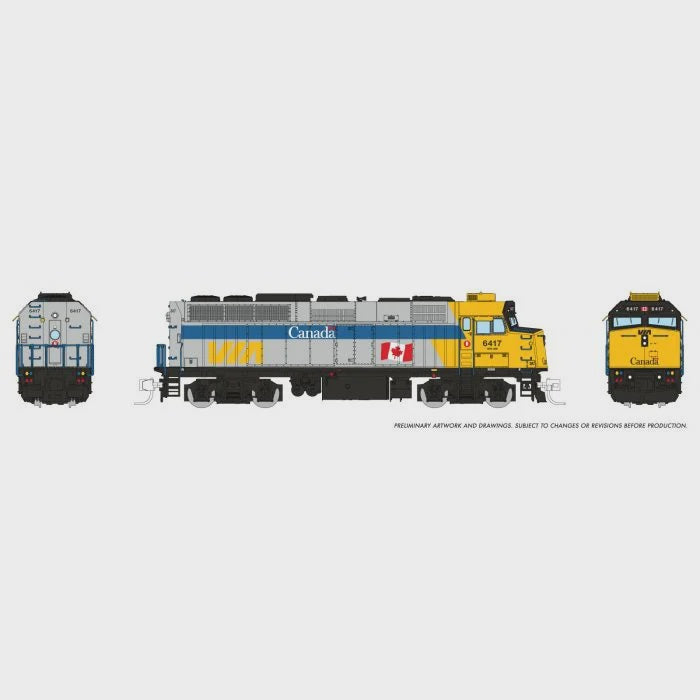 Rapido Trains N GMD F40PH-2D - Sound and DCC -- VIA Rail Canada #6405 (Canada Scheme, gray, blue, yellow)