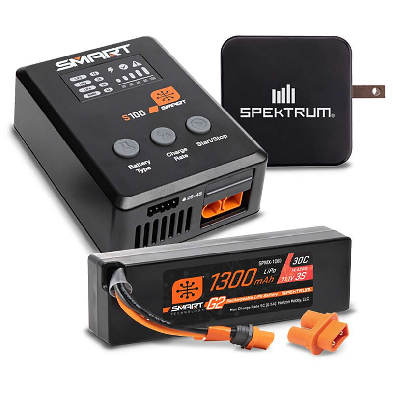 Spektrum 	Smart Powerstage Bundle: 1300mAh 3S 30C LiPo Battery (IC2) / S100 Charger / 65W Power Block / Adapter