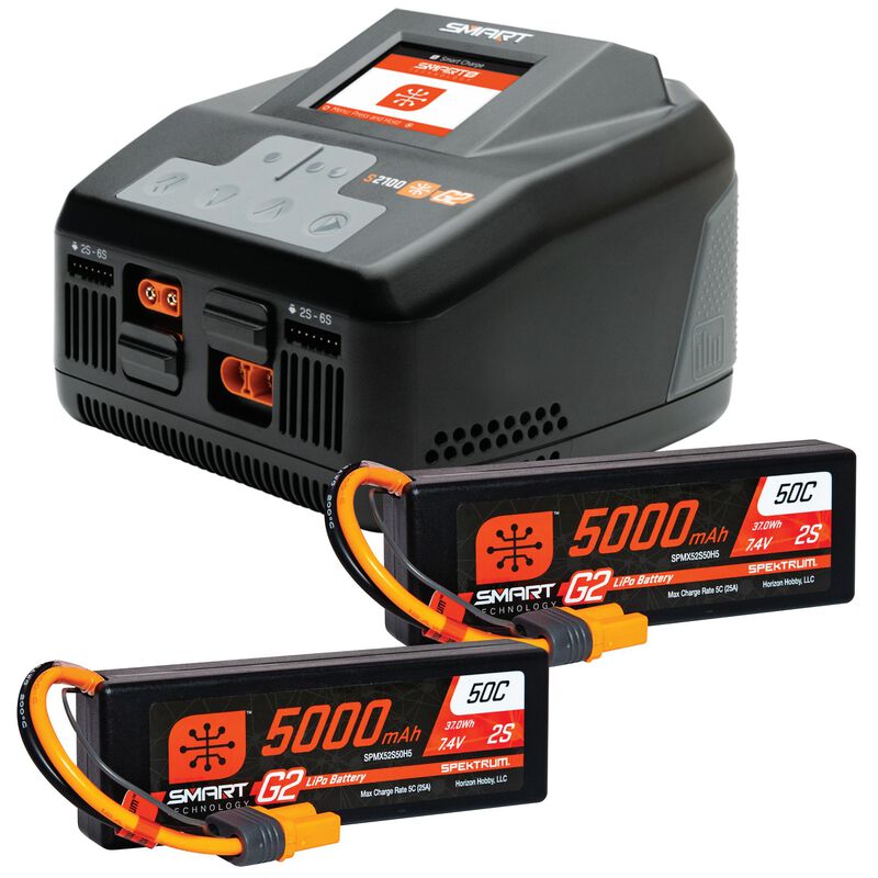 Spektrum Smart Powerstage 4S Surface Bundle: (2) G2 5000mAh 2S LiPo IC5 & S2100 Charger