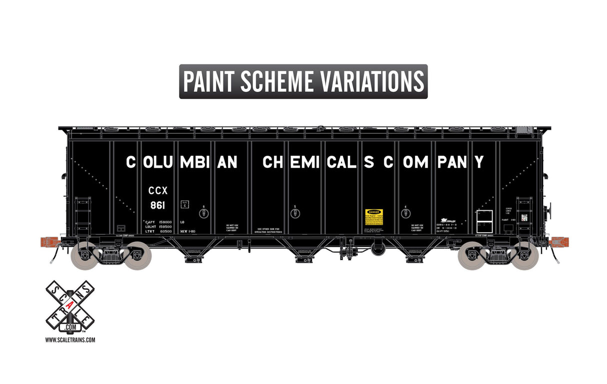 Scaletrains Rivet Counter HO Scale Thrall 5750 1980s Version Carbon Black Covered Hopper, Columbian Chemicals/Large Lettering #861 - SXT30327