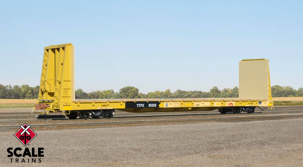 Rivet Counter HO Scale F68AH Bulkhead Flat Car, TTX/Yellow/Red Logo/R1/Patched/TTPX / 80244 /