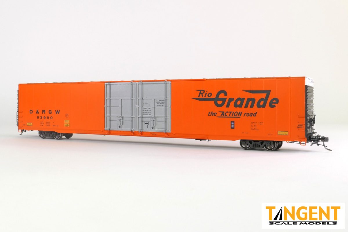 Tangent HO Denver and Rio Grande Western (D&RGW) "Delivery 1969 Orange" Greenville 86' Double Plug Door Box Car - #63990