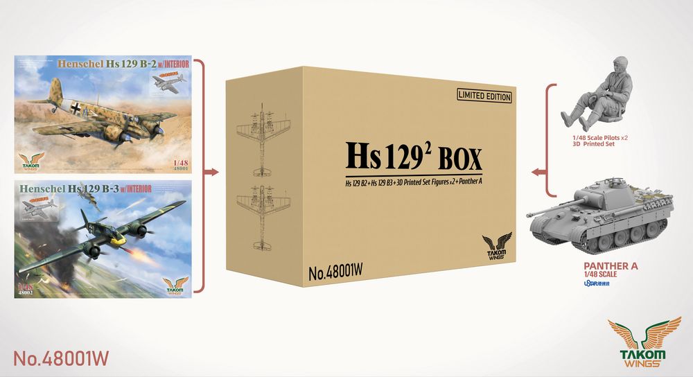 Takom Hs 129² BOX Hs 129 B2+Hs 129 B3+3D Printed Set Figures x2+Panther A (Limited edition) Plastic Model Kit