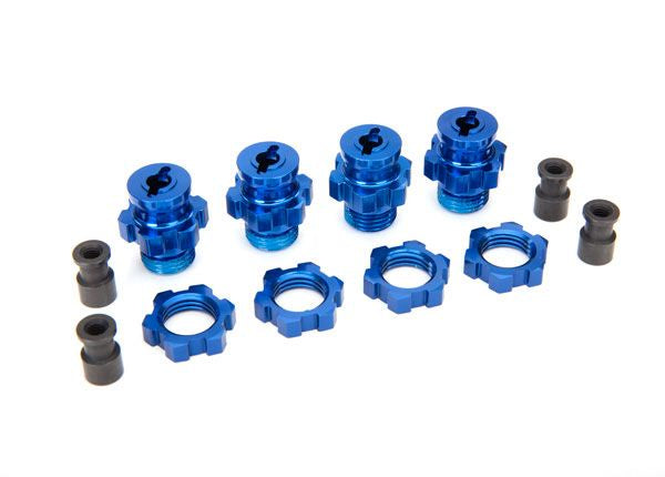 Traxxas 6856X Wheel hubs, splined, 17mm, short (4)/ Wheel nuts, splined, 17mm (4) (blue-anodized)/ hub retainer M4 X 0.7 (4)/ Axle pin (4)/ wrench, 5mm - TRA6856X