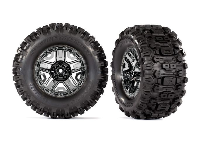 Traxxas 9072 Tires & Wheels, assembled, glued (black chrome 2.8' Wheels, Sledgehammer Tires, foam Inserts) (2) (TSM Rated) - TRA9072