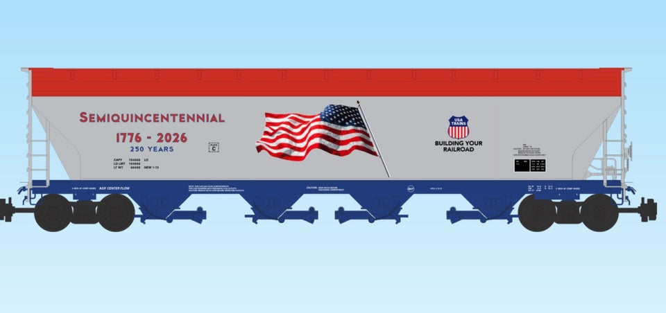 USA Trains R14137 Patriotic Series 4-Bay Center Flow Covered Hopper, Silver, Blue, Red #2026