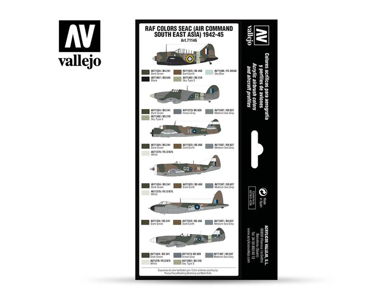 Vallejo 17ml Bottle RAF Colors SEAC (Air Command South East Asia) 1942-1945 Model Air Paint Set (8 Colors) - 71146