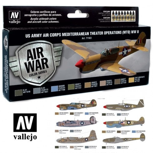 Vallejo 17ml Bottle US Army Air Corps Mediterranean Theater Operations (MTO) WWII Model Air Paint Set (8 Colors) - 71183
