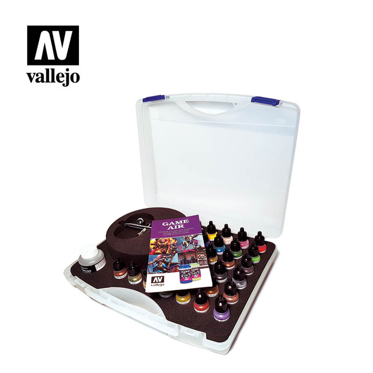 Vallejo Basic Game Air Paint Set in Plastic Storage Case (28 Colors, Thinner, Cleaner & Airbrush w/Hose) - 72871