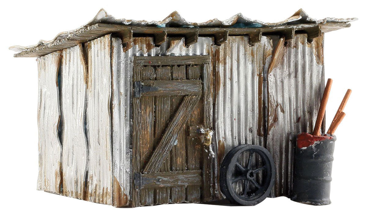 Woodland Scenics HO Scale: Tin Shack - Built-&-Ready(R) Landmark Structures(R) -- Assembled - 1-11/16 x 1 1/2 x 1 1/8"  4.28 x 3.81 x 2.85 cm - WOOBR5056
