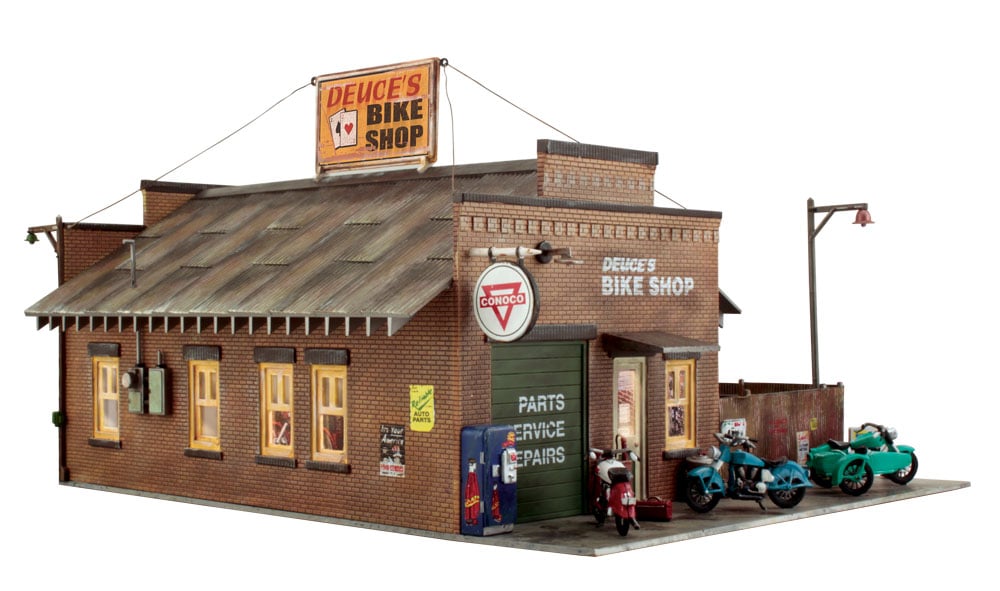 Woodland Scenics O Scale Deuce's Cycle Shop - Built-&-Ready Landmark Structures(R) -- Assembled - 11-3/4 x 10" 29.8 x 25.4cm - WOOBR5846