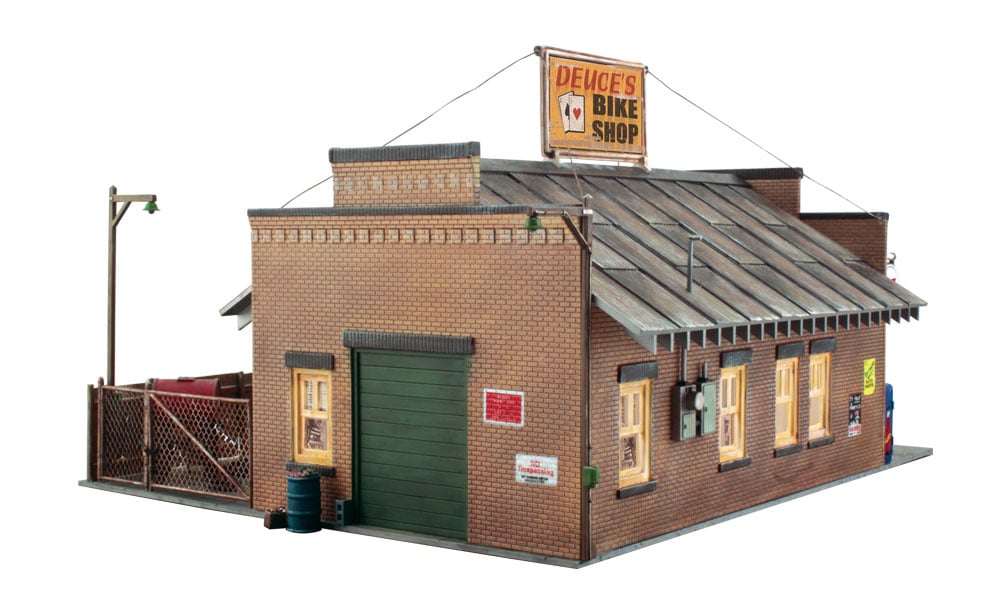 Woodland Scenics O Scale Deuce's Cycle Shop - Built-&-Ready Landmark Structures(R) -- Assembled - 11-3/4 x 10" 29.8 x 25.4cm - WOOBR5846