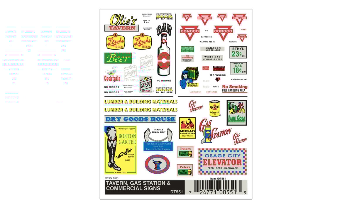Woodland Scenics Dry Transfer, Tavern/Gas/Commercial Sign - WOODT551