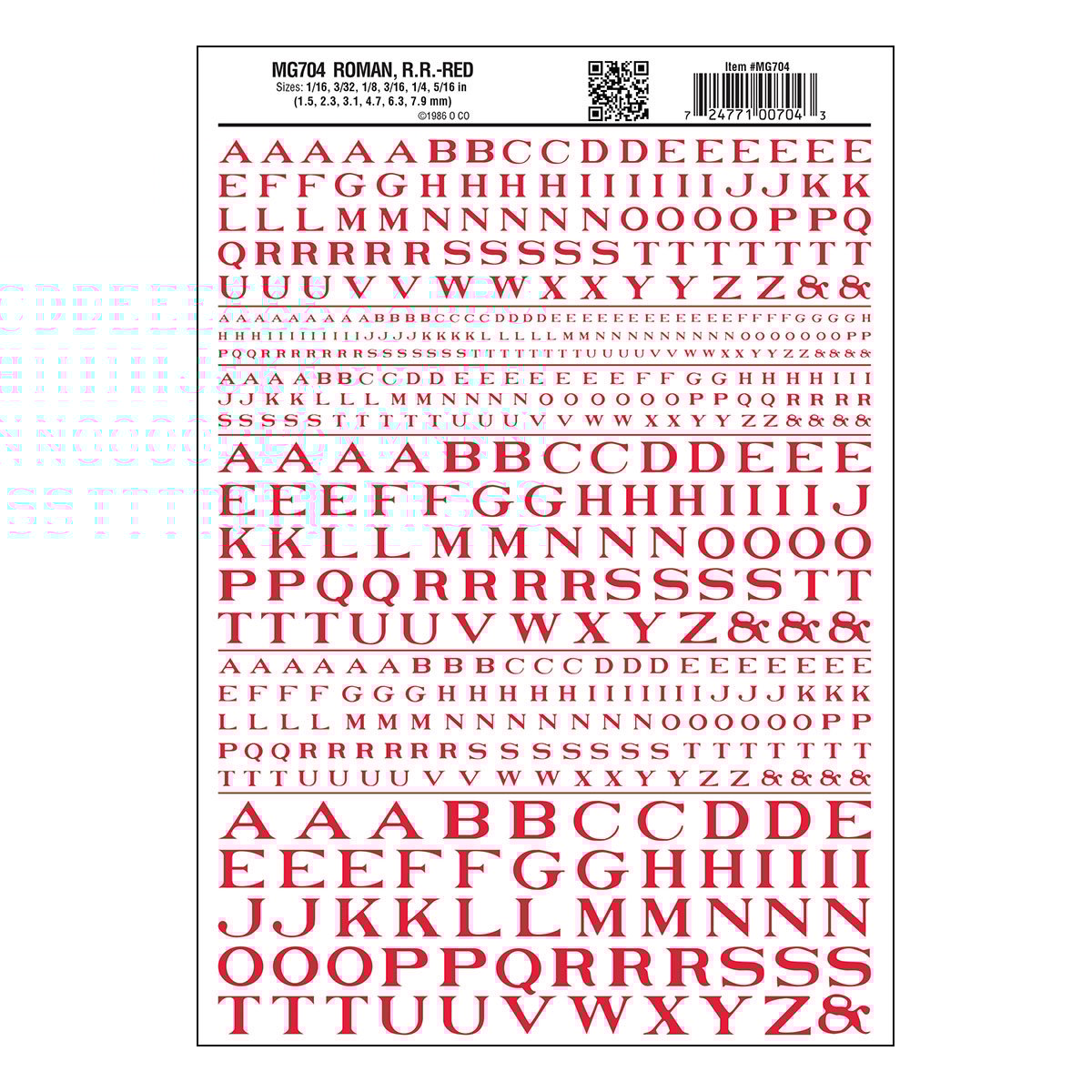Woodland Scenics Dry Transfer Alphabet - Railroad Roman - 1/16, 3/32, 1/8, 3/16, 1/4 & 5/16" -- Red - WOOMG704