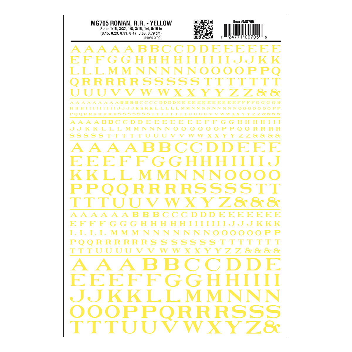 Woodland Scenics Dry Transfer Alphabet - Railroad Roman - 1/16, 3/32, 1/8, 3/16, 1/4 & 5/16" -- Yellow - WOOMG705