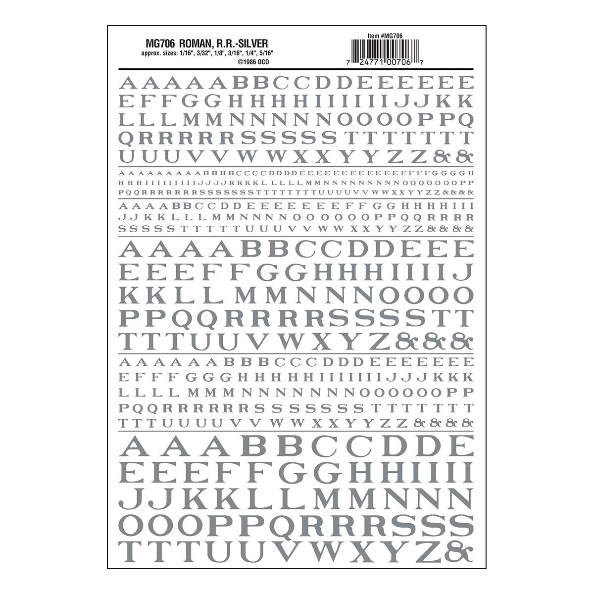 Woodland Scenics Dry Transfer Alphabet - Railroad Roman - 1/16, 3/32, 1/8, 3/16, 1/4 & 5/16" -- Silver - WOOMG706