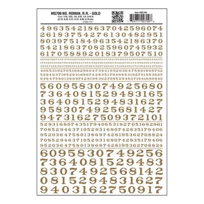 Woodland Scenics Dry Transfer Numbers - Railroad Roman - 1/16, 3/32, 1/8, 3/16, 1/4 & 5/16" -- Gold - WOOMG709