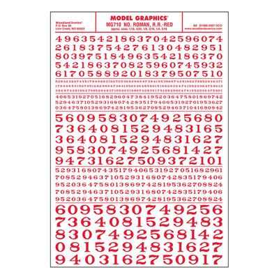 Woodland Scenics Dry Transfer Numbers - Railroad Roman - 1/16, 3/32, 1/8, 3/16, 1/4 & 5/16" -- Red - WOOMG710