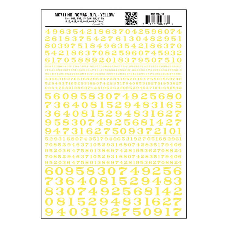 Woodland Scenics Dry Transfer Numbers - Railroad Roman - 1/16, 3/32, 1/8, 3/16, 1/4 & 5/16" -- Yellow - WOOMG711
