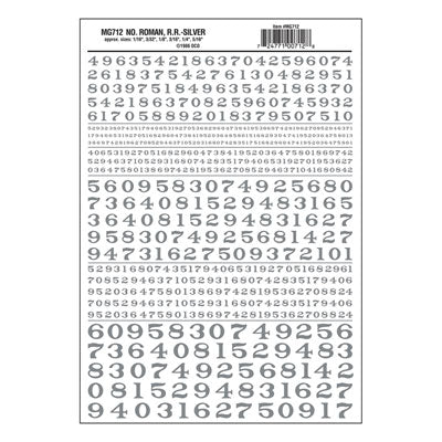 Woodland Scenics Dry Transfer Numbers - Railroad Roman - 1/16, 3/32, 1/8, 3/16, 1/4 & 5/16" -- Silver - WOOMG712
