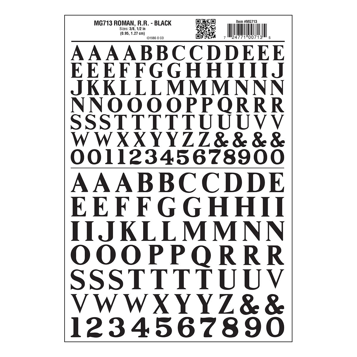 Woodland Scenics Dry Transfer Alphabet & Numbers - Railroad Roman (3/8 & 1/2") -- Black - WOOMG713