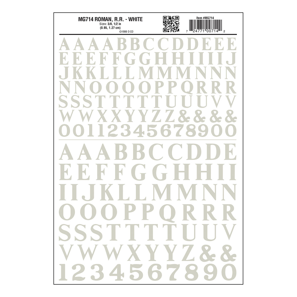 Woodland Scenics Dry Transfer Alphabet & Numbers - Railroad Roman (3/8 & 1/2") -- White - WOOMG714