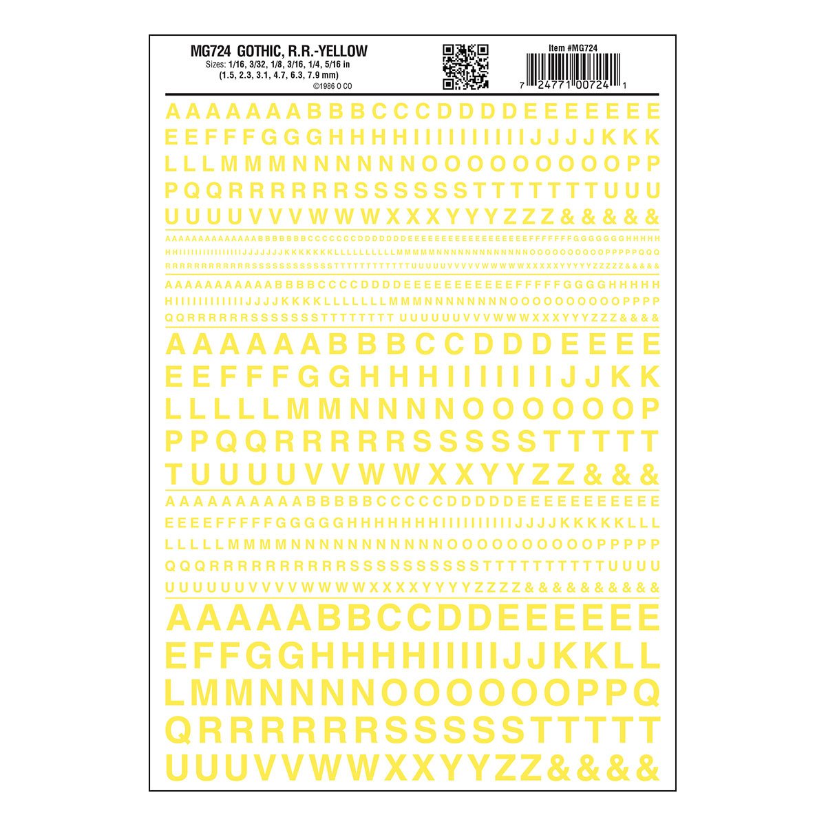 Woodland Scenics Dry Transfer Alphabet & Numbers - Railroad Gothic -- Yellow - WOOMG724