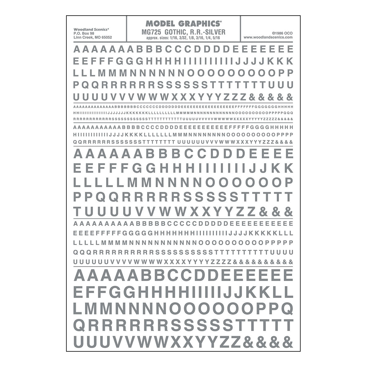 Woodland Scenics Dry Transfer Alphabet & Numbers - Railroad Gothic -- Silver - WOOMG725