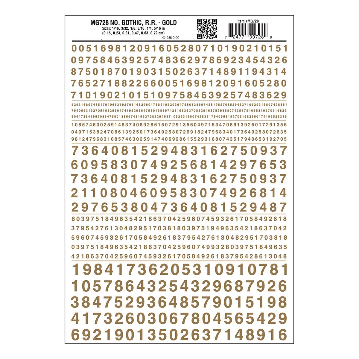 Woodland Scenics Dry Transfer Numbers Only - Railroad Gothic -- Gold - WOOMG728
