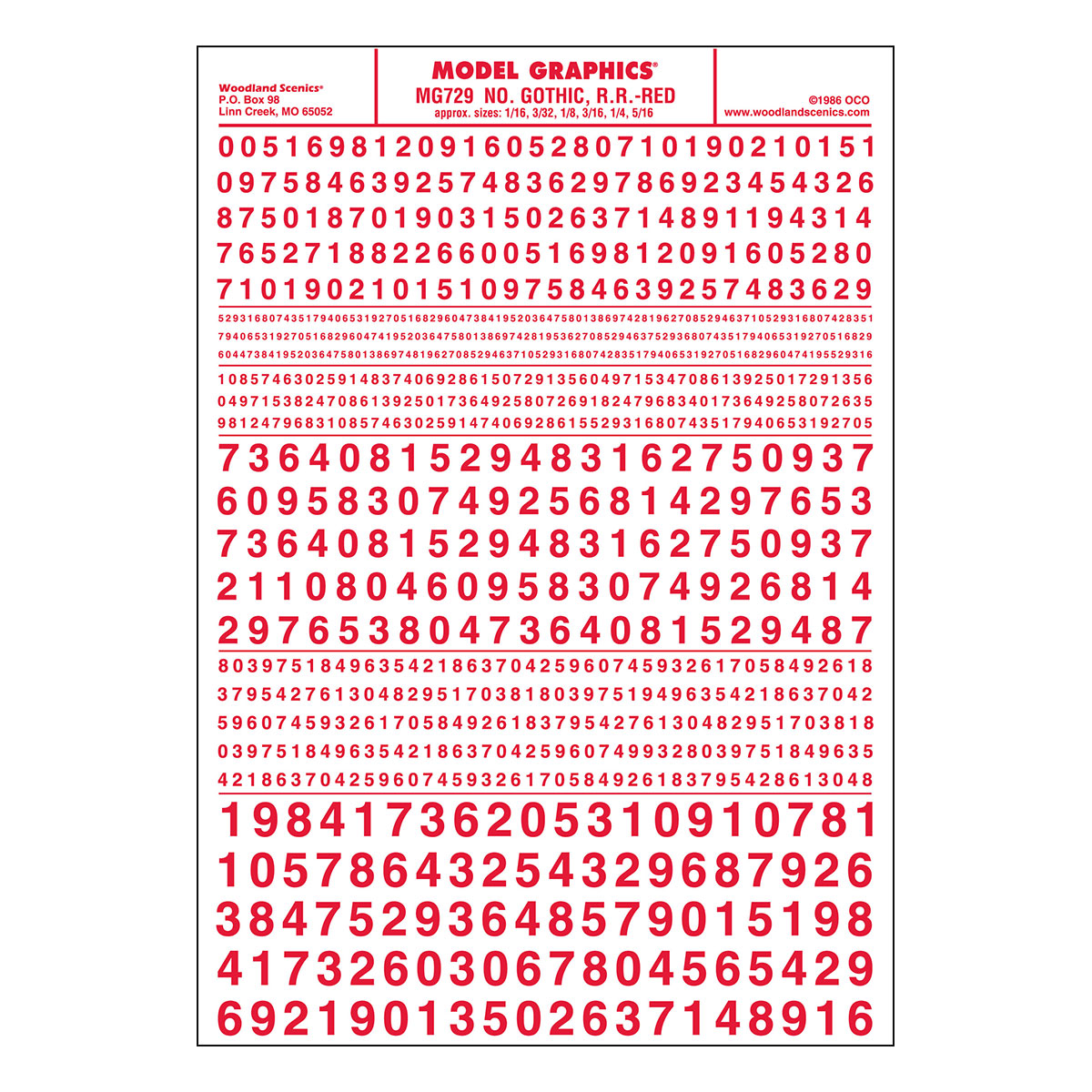 Woodland Scenics Dry Transfer Numbers Only - Railroad Gothic -- Red - WOOMG729