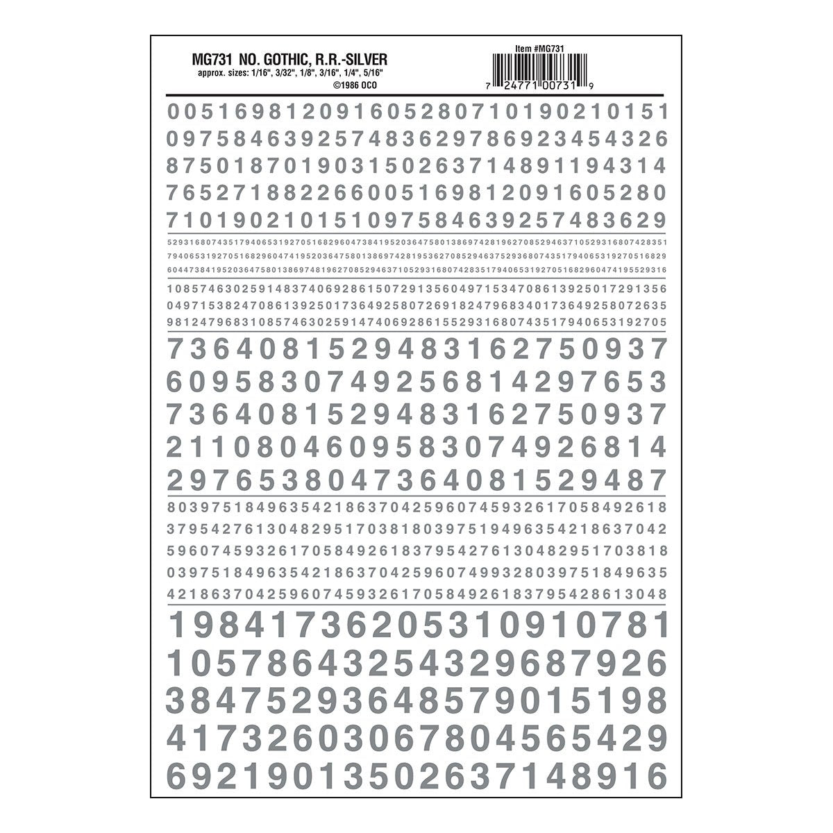 Woodland Scenics Dry Transfer Numbers Only - Railroad Gothic -- Silver - WOOMG731