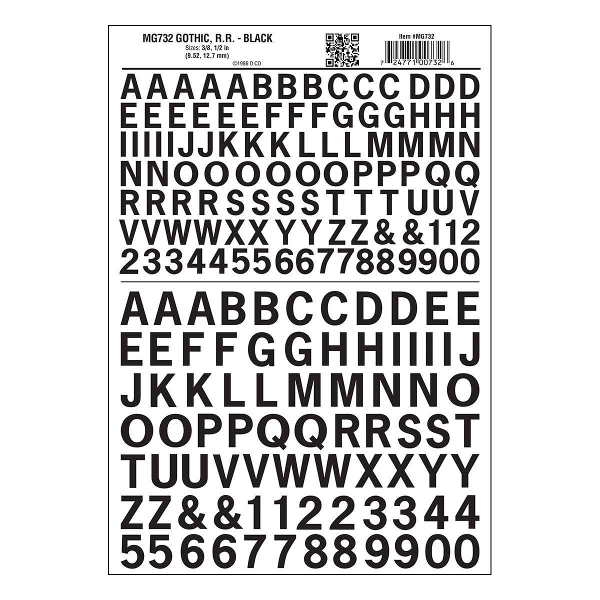 Woodland Scenics Dry Transfer Alphabet & Numbers - Railroad Gothic - 3/8 & 1/2" 1 & 1.3cm -- Black - WOOMG732