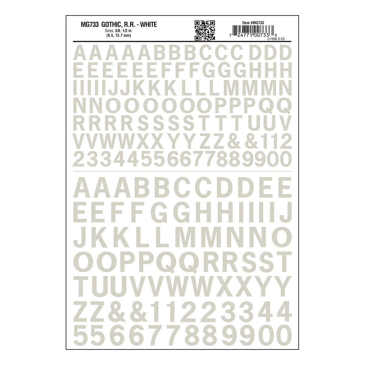 Woodland Scenics Dry Transfer Alphabet & Numbers - Railroad Gothic - 3/8 & 1/2" 1 & 1.3cm -- White - WOOMG733