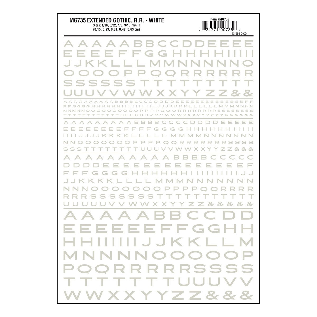Woodland Scenics Dry Transfer Alphabet & Numbers - Extended Railroad Gothic -- White - WOOMG735