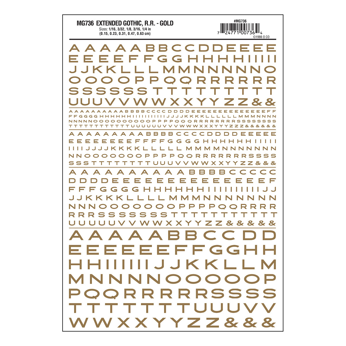 Woodland Scenics Dry Transfer Alphabet & Numbers - Extended Railroad Gothic -- Gold - WOOMG736