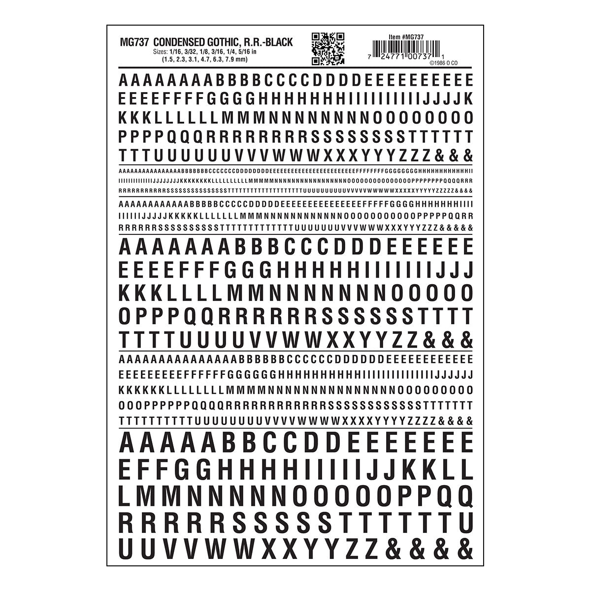 Woodland Scenics Dry Transfer Short Gothic Letters, Black - WOOMG737