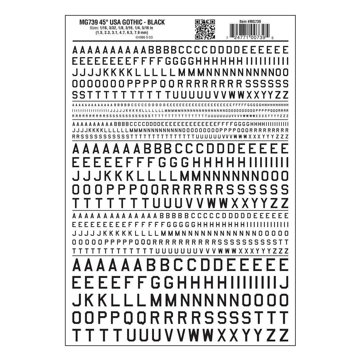 Woodland Scenics Dry Transfer Alphabet & Numbers - 45-Degree USA Gothic (Military Style) -- Black - WOOMG739