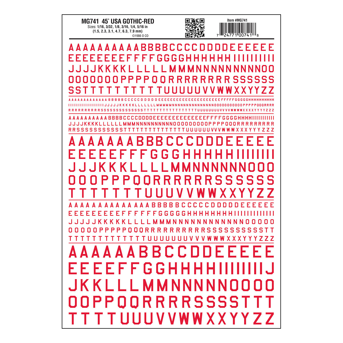 Woodland Scenics Dry Transfer Alphabet & Numbers - 45-Degree USA Gothic (Military Style) -- Red - WOOMG741