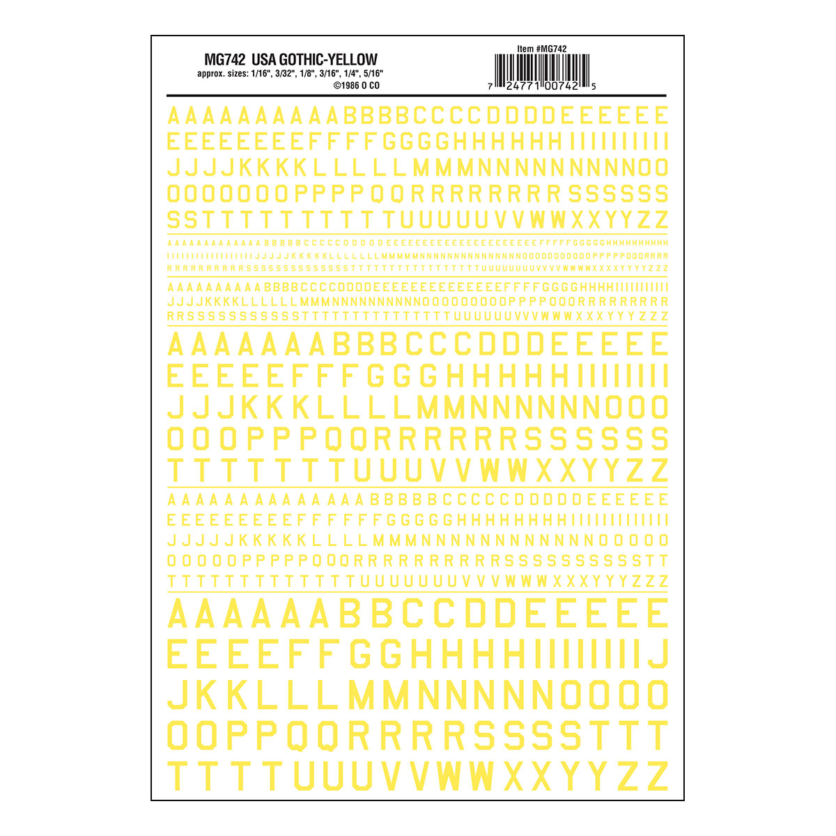 Woodland Scenics Dry Transfer Alphabet - 45 Degree USA Gothic (Military Style) -- Yellow - WOOMG742