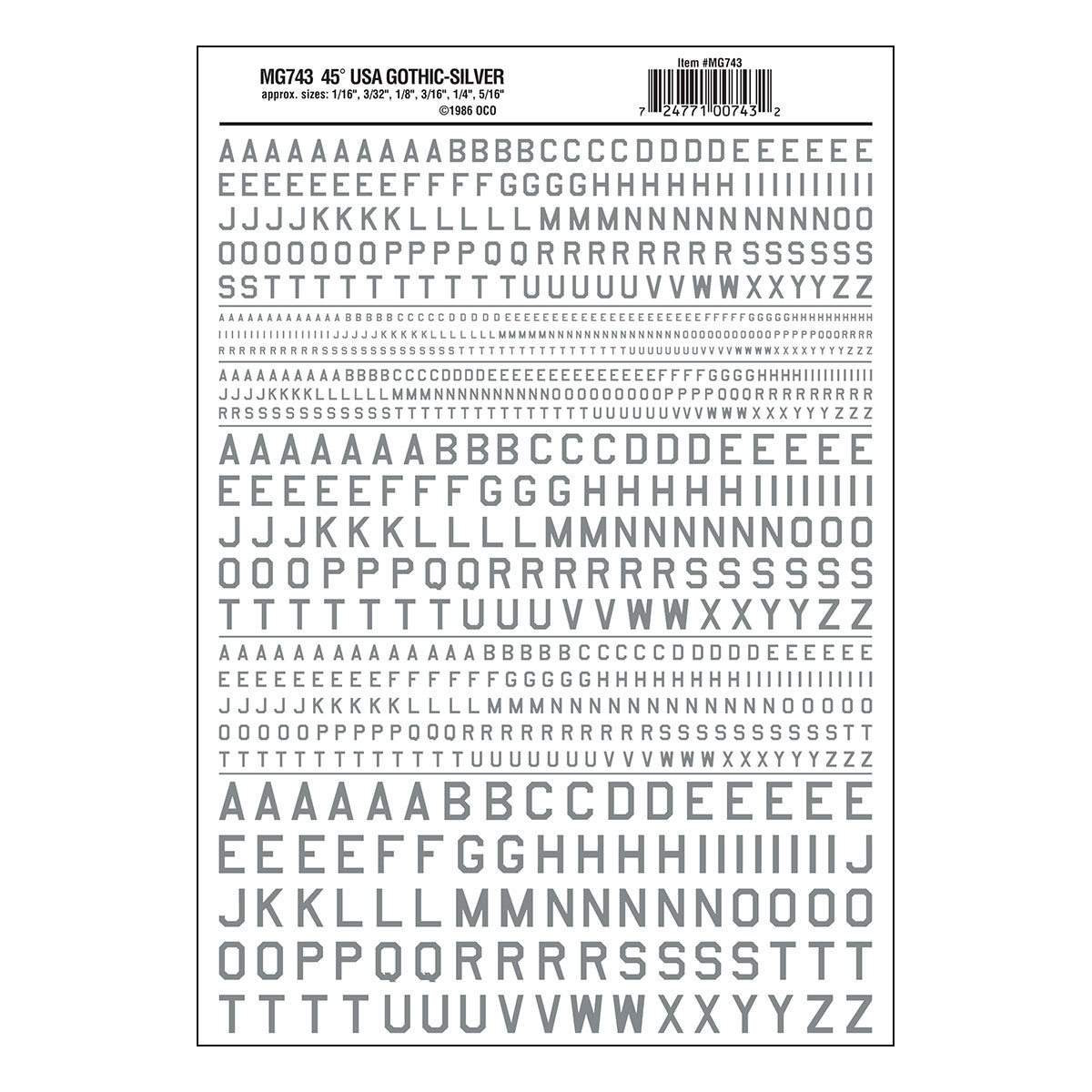 Woodland Scenics Dry Transfer Alphabet & Numbers - 45-Degree USA Gothic (Military Style) -- Silver - WOOMG743