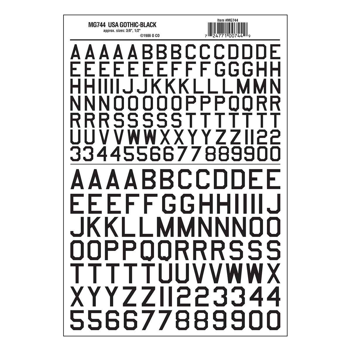 Woodland Scenics Dry Transfer Alphabet & Numbers - 45 Degree USA Gothic (Military; 3/8 & 1/2") -- Black - WOOMG744