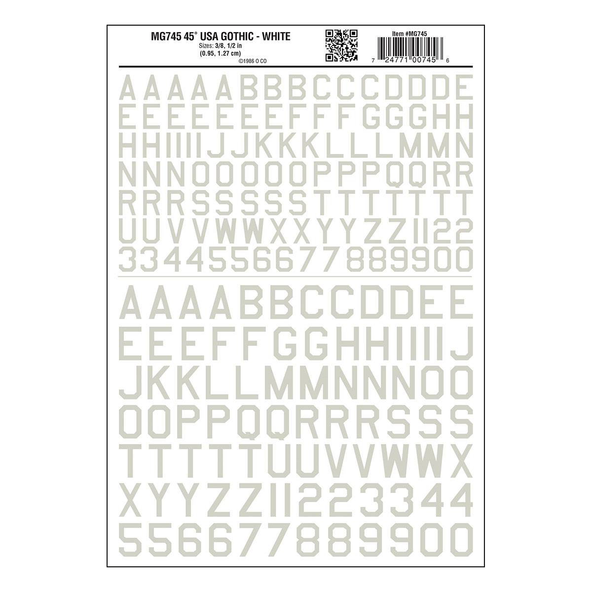 Woodland Scenics Dry Transfer Alphabet & Numbers - 45 Degree USA Gothic (Military; 3/8 & 1/2") -- White - WOOMG745