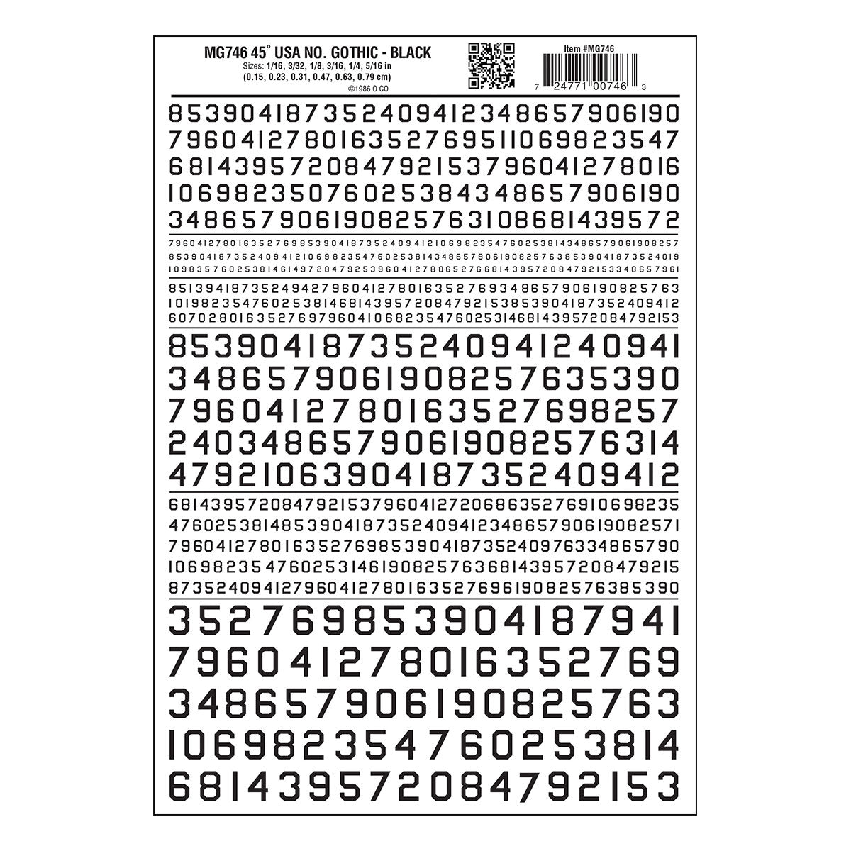 Woodland Scenics Dry Transfer Gothic 45-Degree USA Numbers, Black - WOOMG746